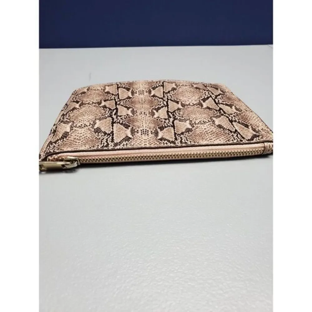 Makeup Pencil Bag Pink Brown Snake Print Leather‎ Zip Pouch Single Compartment